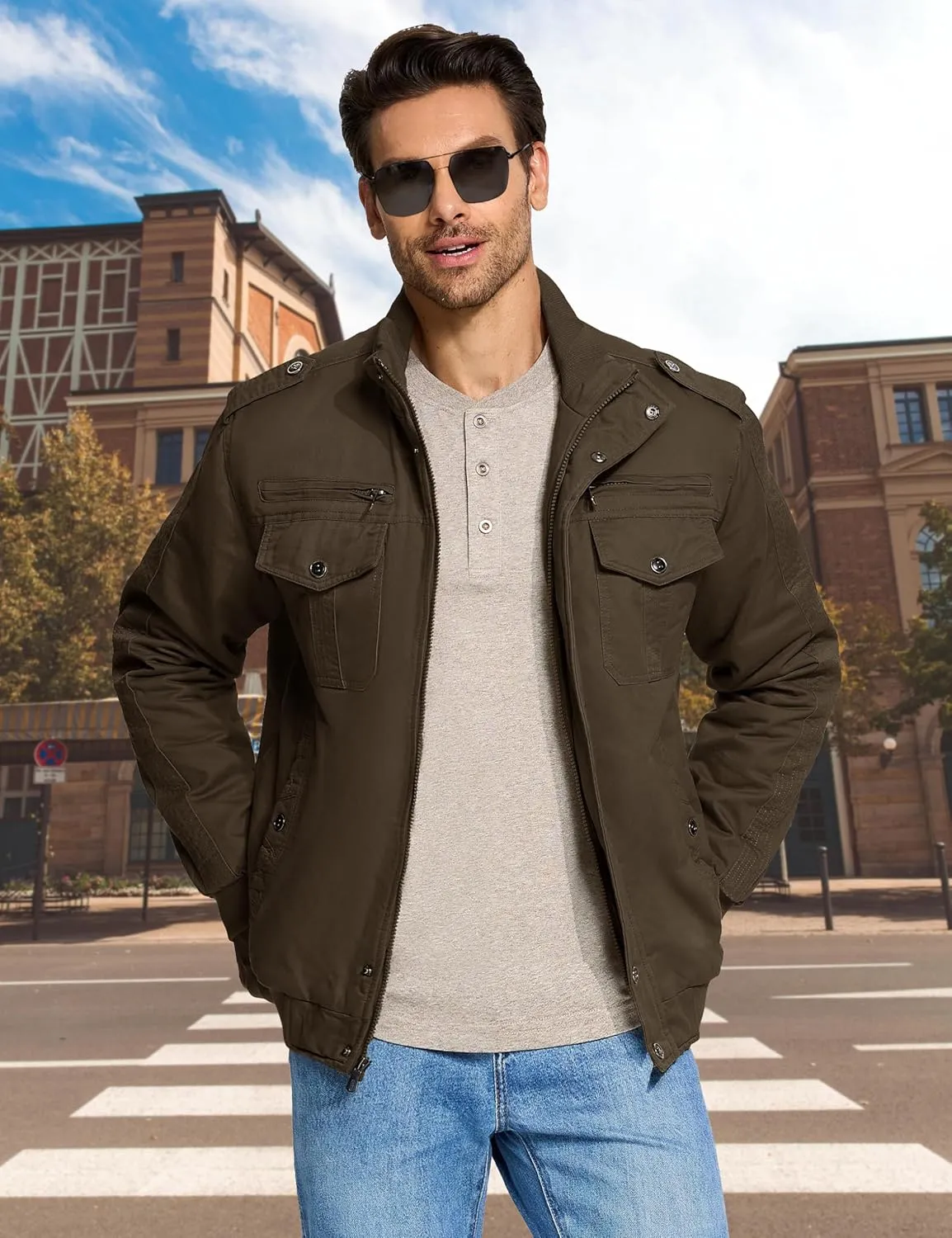 CRYSULLY Men's Winter Casual Thicken Multi Pocket Field Jacket Outwear Fleece Cargo Jackets Coat