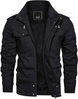 CRYSULLY Men's Winter Casual Thicken Multi Pocket Field Jacket Outwear Fleece Cargo Jackets Coat