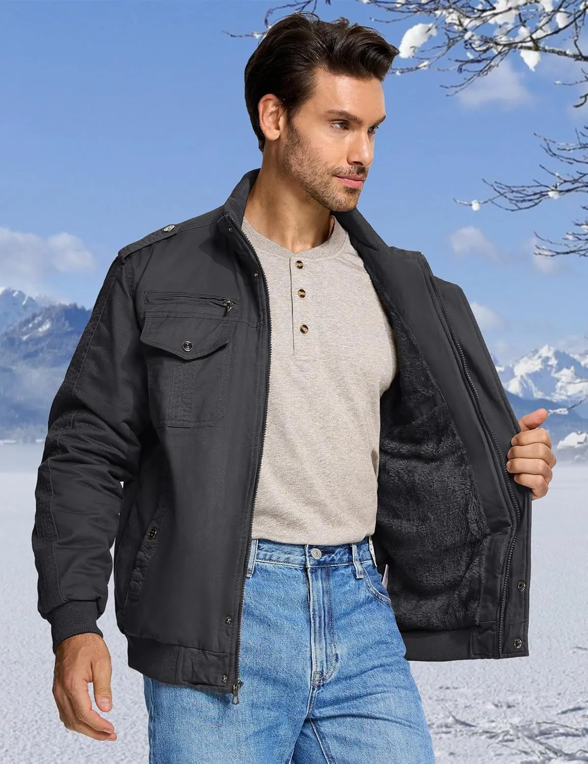 CRYSULLY Men's Winter Casual Thicken Multi Pocket Field Jacket Outwear Fleece Cargo Jackets Coat