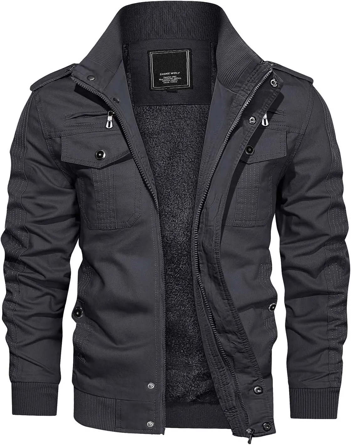 CRYSULLY Men's Winter Casual Thicken Multi Pocket Field Jacket Outwear Fleece Cargo Jackets Coat