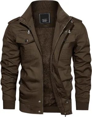 CRYSULLY Men's Winter Casual Thicken Multi Pocket Field Jacket Outwear Fleece Cargo Jackets Coat