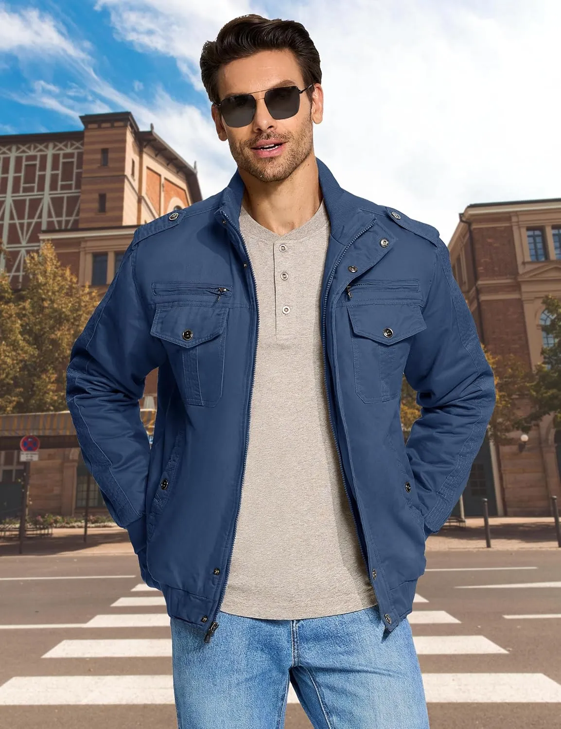 CRYSULLY Men's Winter Casual Thicken Multi Pocket Field Jacket Outwear Fleece Cargo Jackets Coat