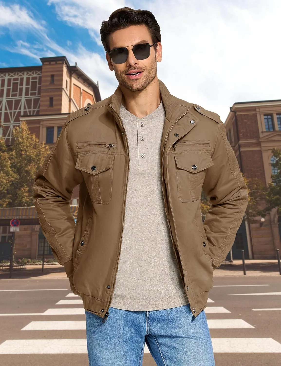 CRYSULLY Men's Winter Casual Thicken Multi Pocket Field Jacket Outwear Fleece Cargo Jackets Coat