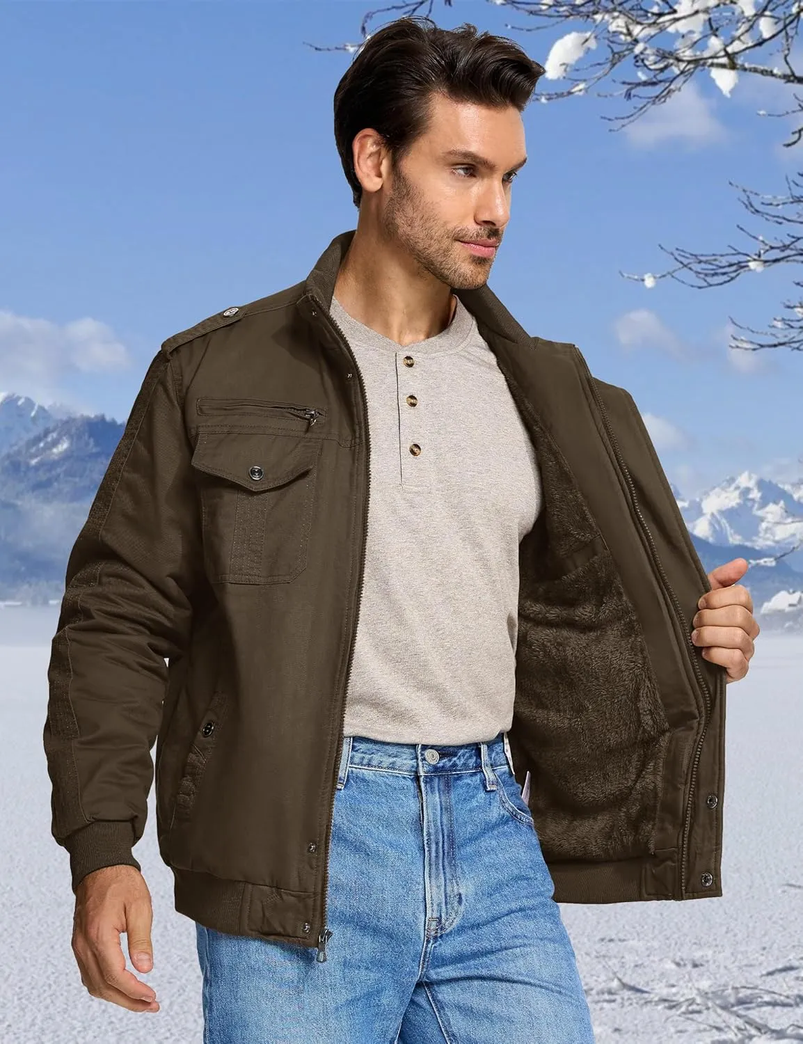 CRYSULLY Men's Winter Casual Thicken Multi Pocket Field Jacket Outwear Fleece Cargo Jackets Coat