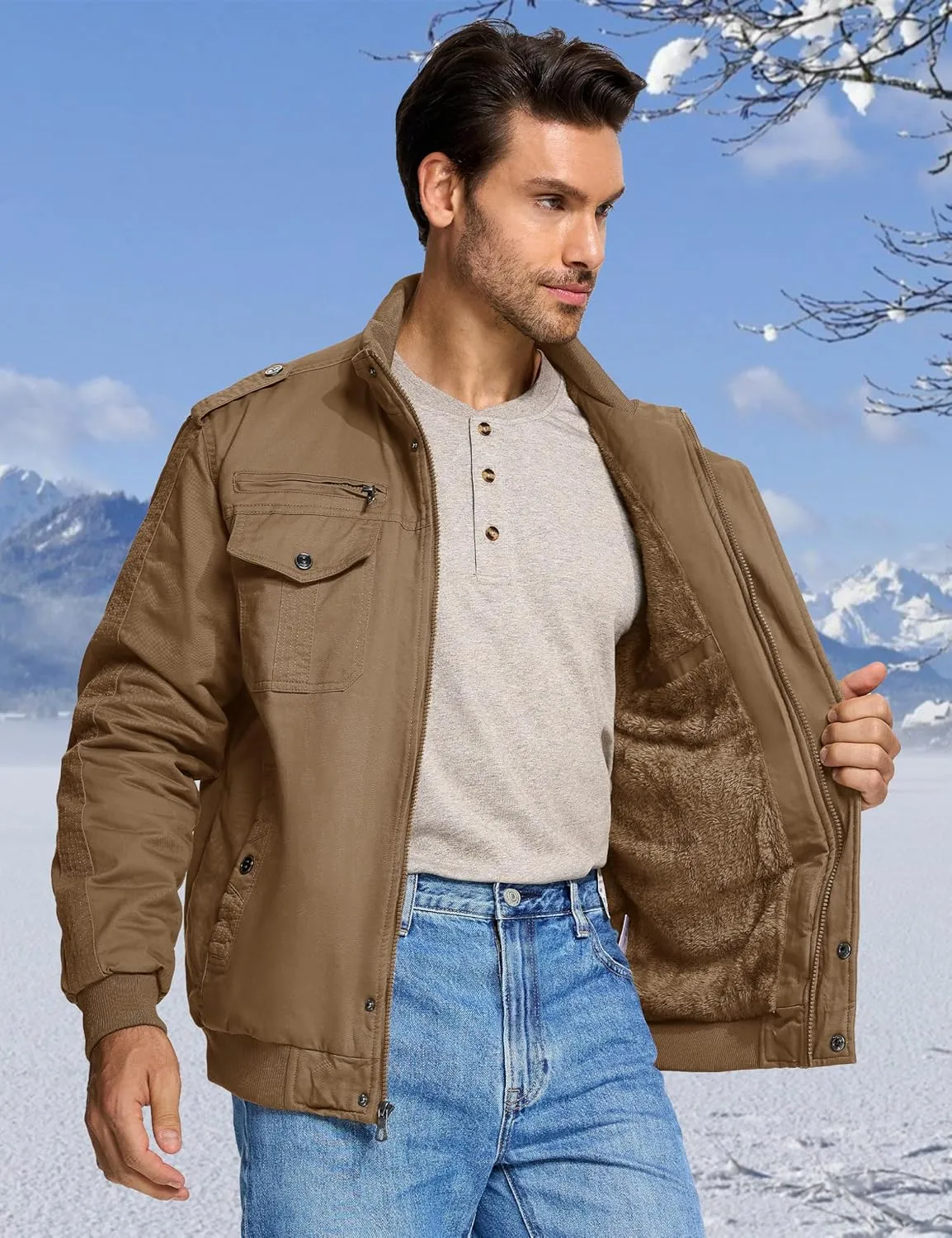 CRYSULLY Men's Winter Casual Thicken Multi Pocket Field Jacket Outwear Fleece Cargo Jackets Coat