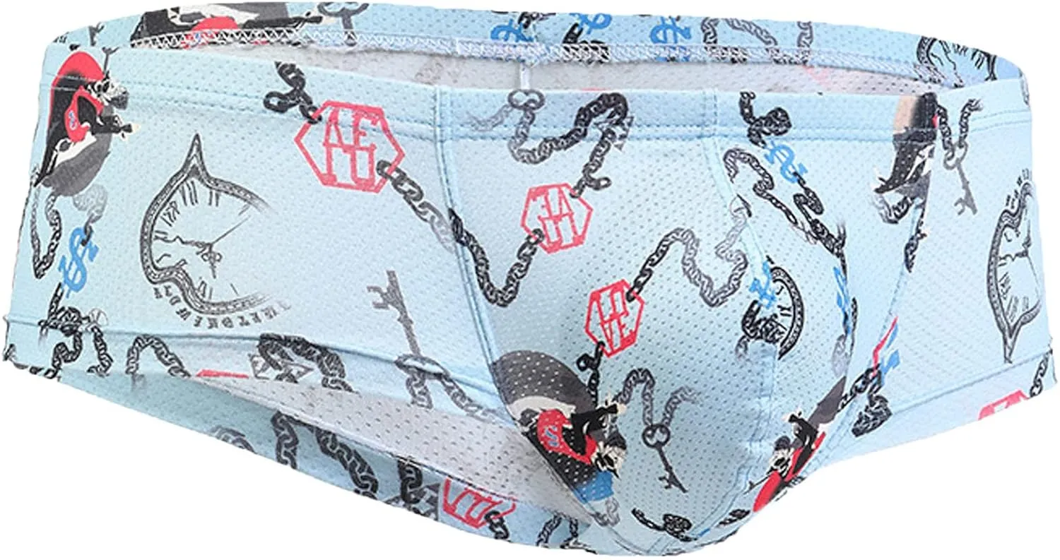 Ctreela Sexy Printed Short Legs Boxer Briefs for Men, Low Rise Big Pouch Underwear, Mesh Breathable Undies Trunks