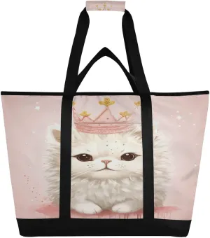 Cute Cat Tote Bag for Women with Zipper Reusable Grocery Bags Foldable Insulated Cooler Bag Shopping Bags Handbags Totes for Groceries Travel Picnic Beach Work