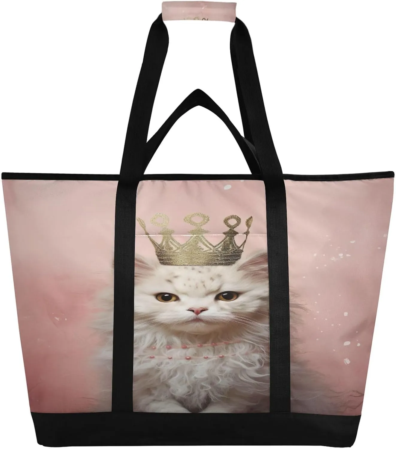 Cute Cat Tote Bag for Women with Zipper Reusable Grocery Bags Foldable Insulated Cooler Bag Shopping Bags Handbags Totes for Groceries Work Picnic Travel Beach