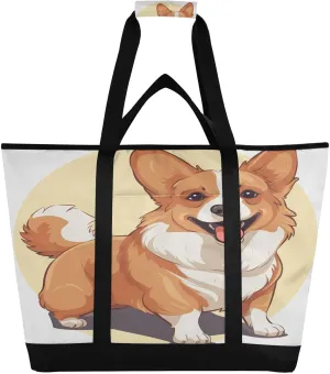 Cute Corgi Tote Bag for Women with Zipper Reusable Grocery Bags Foldable Insulated Cooler Bag Totes Shopping Bags Handbags for Groceries Beach Travel Work Picnic