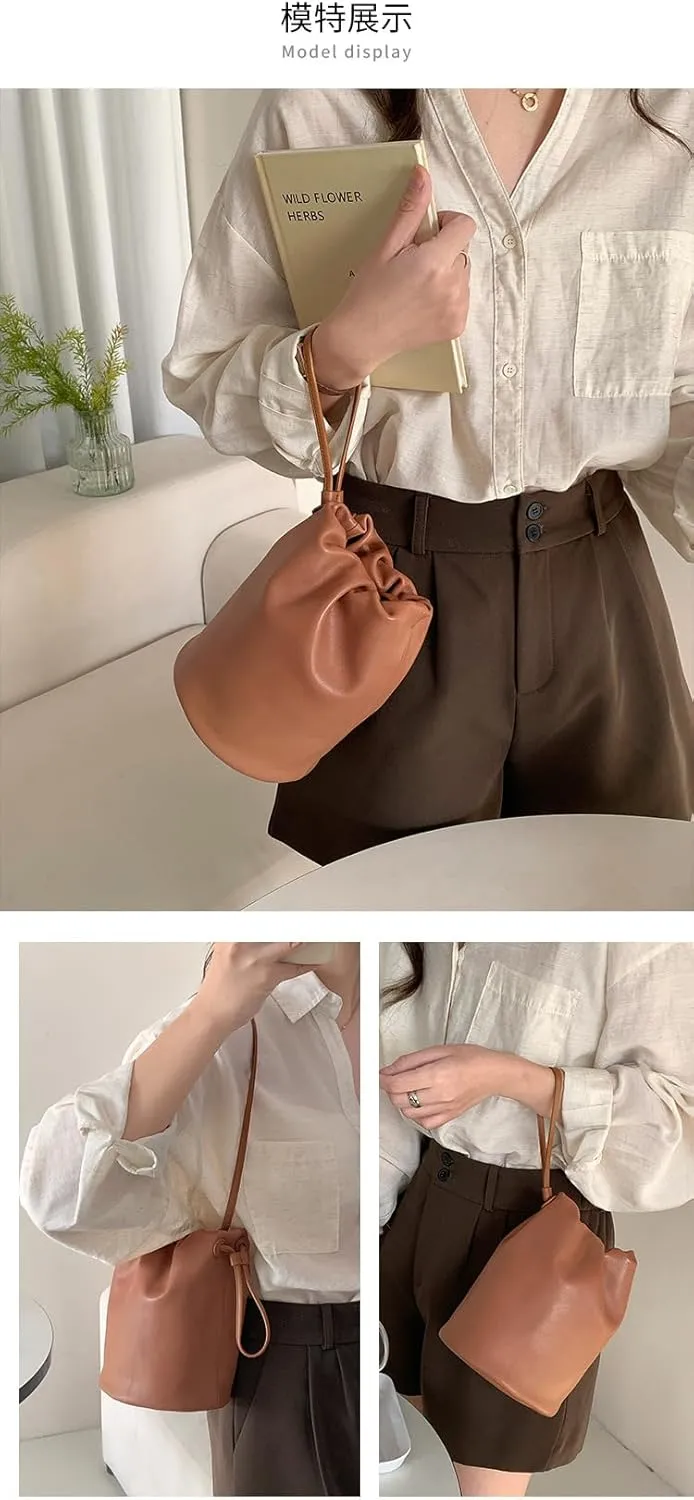Cylindrical Soft Leather Bucket Bag Handbag Women Drawstring Small Shoulder Armpit Bag Cute Chic Stylish Versatile
