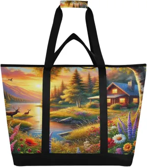Dawn River Cabin Tote Bag for Women with Zipper Reusable Grocery Bags Foldable Insulated Cooler Bag Handbags Shopping Bags Totes for Groceries Work Picnic Travel Beach