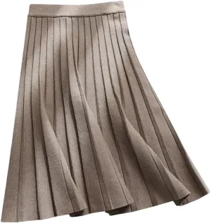 DBFBDTU Women Knitted Midi Skirt A-Line High Waist Pleated Long Skirt