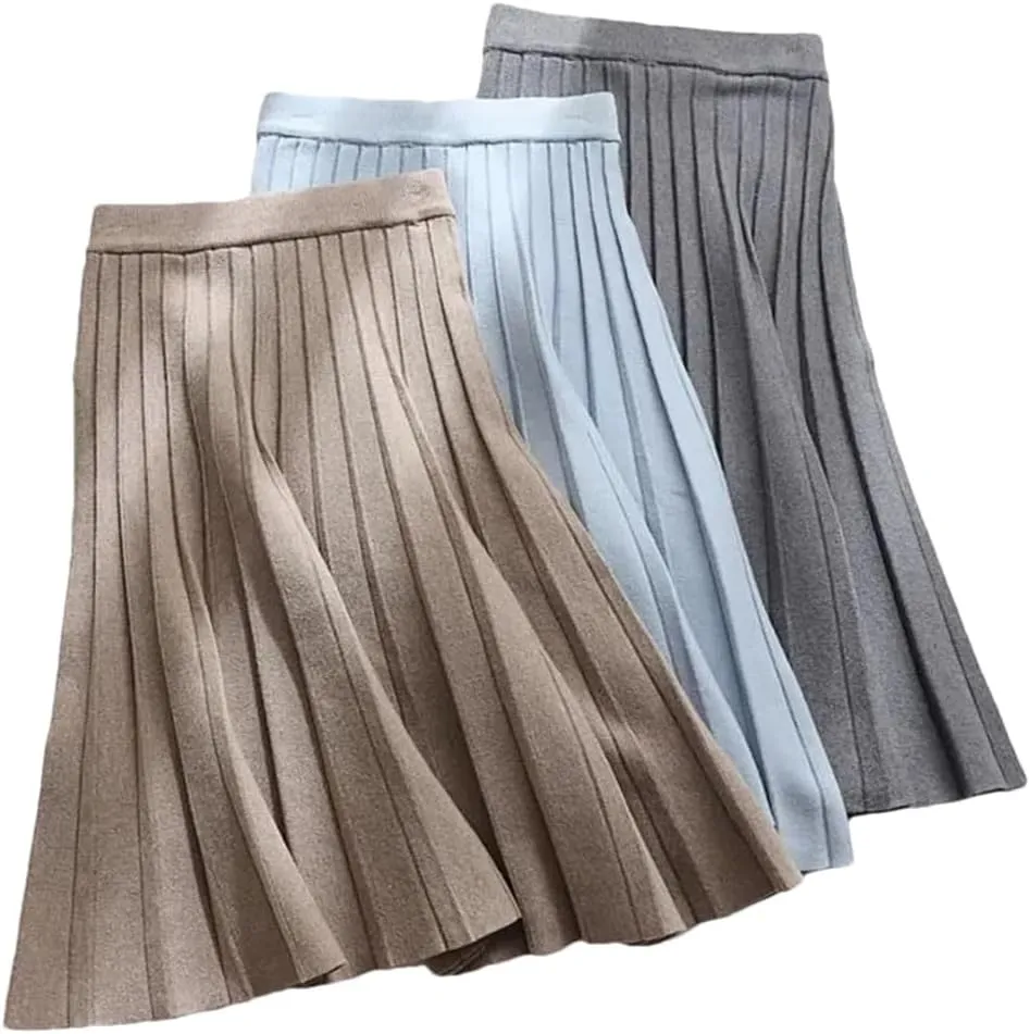 DBFBDTU Women Knitted Midi Skirt A-Line High Waist Pleated Long Skirt