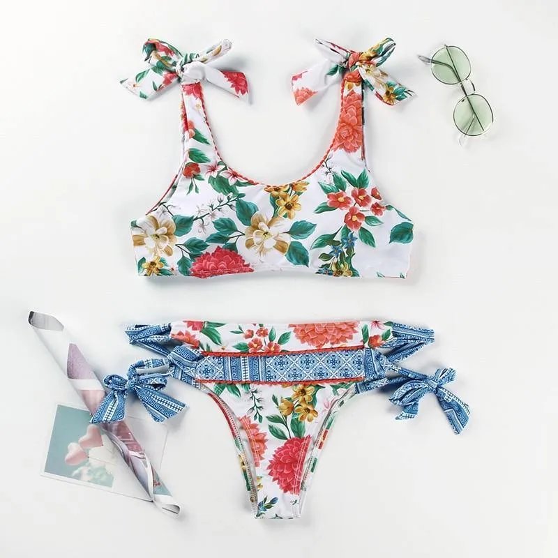 Deep V Neck Bikini Floral Print Swimsuit Bow Swimwear Lace Up Bikini Set
