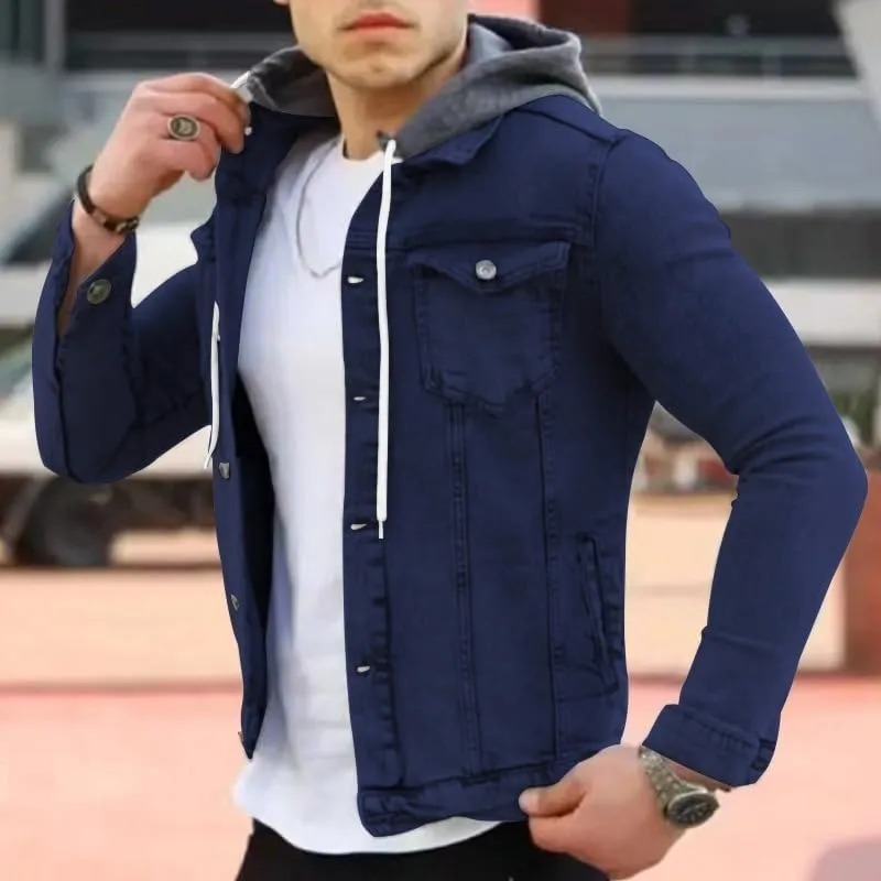 Denim Hoodie Military Jacket for Men Casual Slim Fit Button Down Jeans Coat Fashion Winter Denim Trucker Jacket