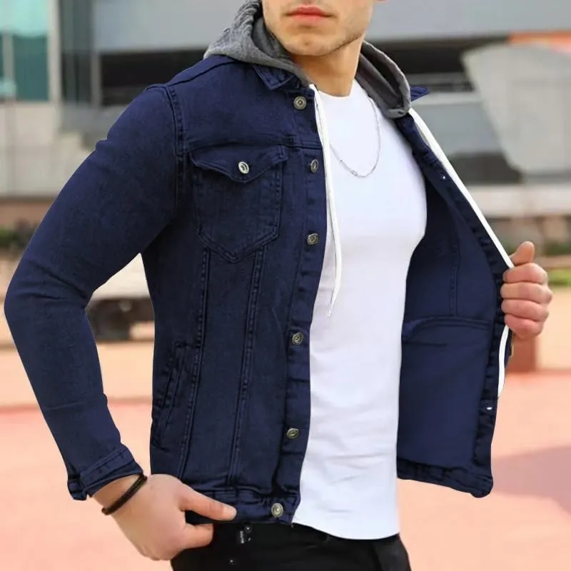 Denim Hoodie Military Jacket for Men Casual Slim Fit Button Down Jeans Coat Fashion Winter Denim Trucker Jacket