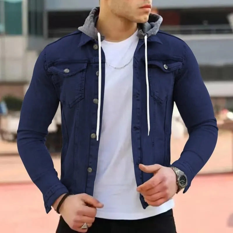 Denim Hoodie Military Jacket for Men Casual Slim Fit Button Down Jeans Coat Fashion Winter Denim Trucker Jacket