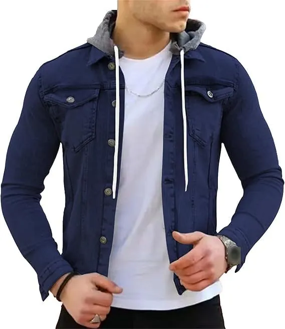 Denim Hoodie Military Jacket for Men Casual Slim Fit Button Down Jeans Coat Fashion Winter Denim Trucker Jacket