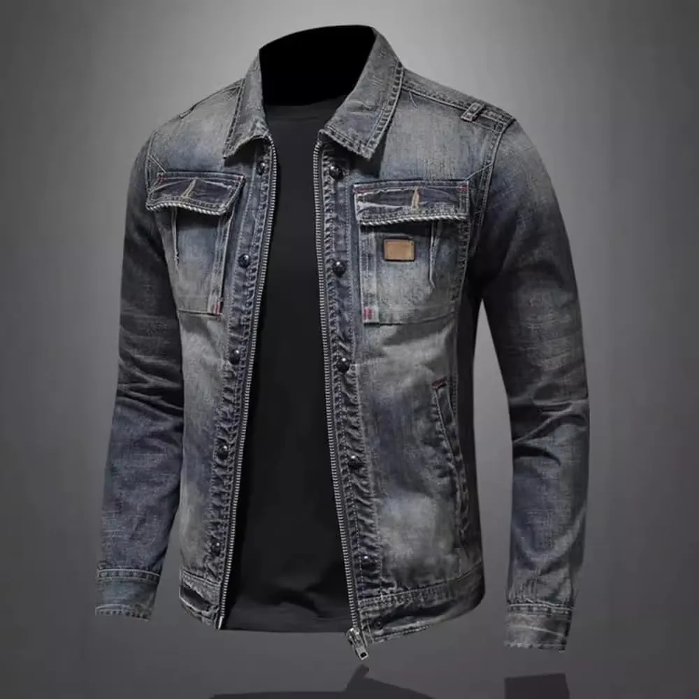 Denim Jacket Lapel For Men Vintage Street Zipper Classic Loose Fit Casual Coat