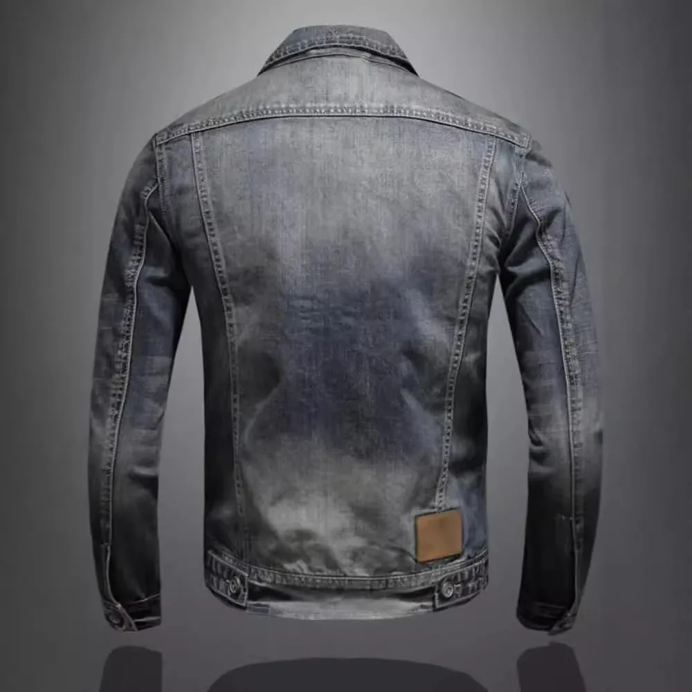Denim Jacket Lapel For Men Vintage Street Zipper Classic Loose Fit Casual Coat