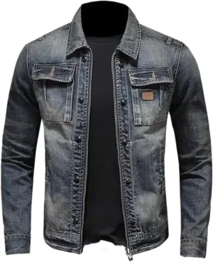 Denim Jacket Lapel For Men Vintage Street Zipper Classic Loose Fit Casual Coat