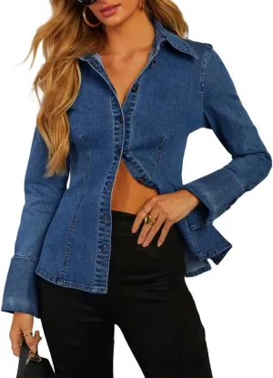 Denim Shirt Tops for Women Button Down Slim Fitted Long Sleeve V Neck Lightweight Jean Jackets
