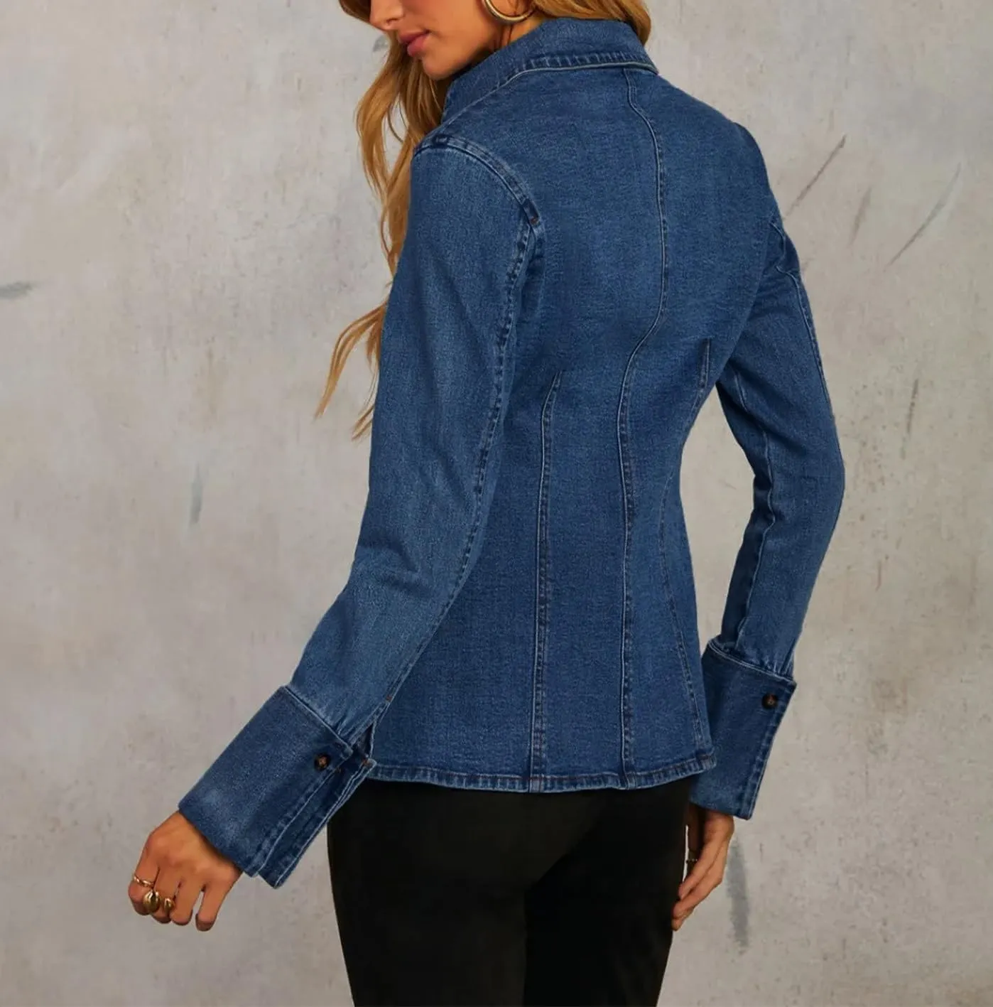 Denim Shirt Tops for Women Button Down Slim Fitted Long Sleeve V Neck Lightweight Jean Jackets