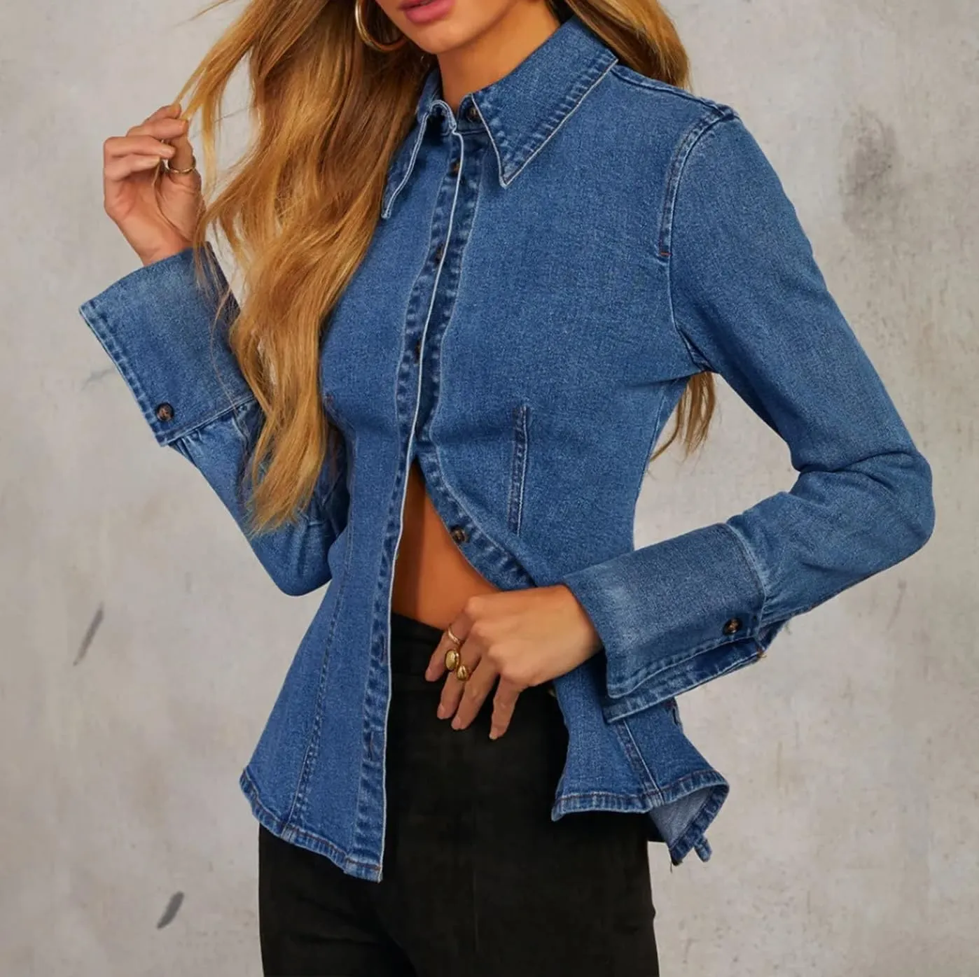 Denim Shirt Tops for Women Button Down Slim Fitted Long Sleeve V Neck Lightweight Jean Jackets