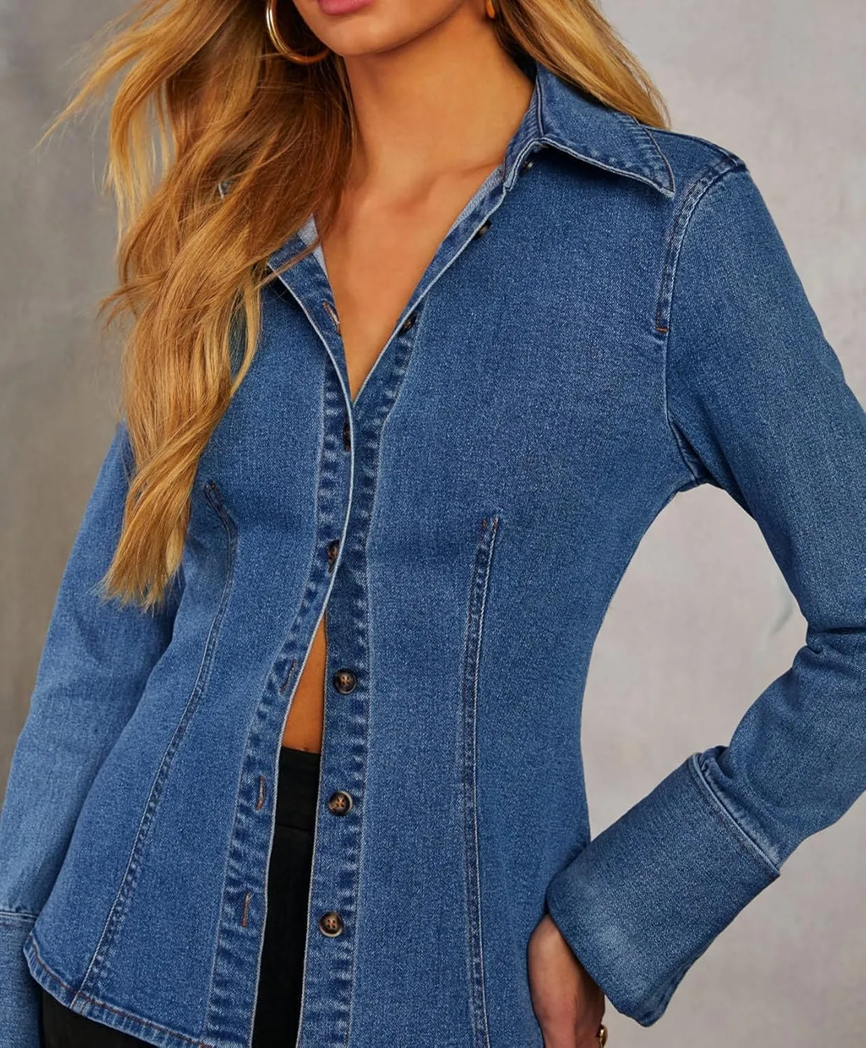 Denim Shirt Tops for Women Button Down Slim Fitted Long Sleeve V Neck Lightweight Jean Jackets