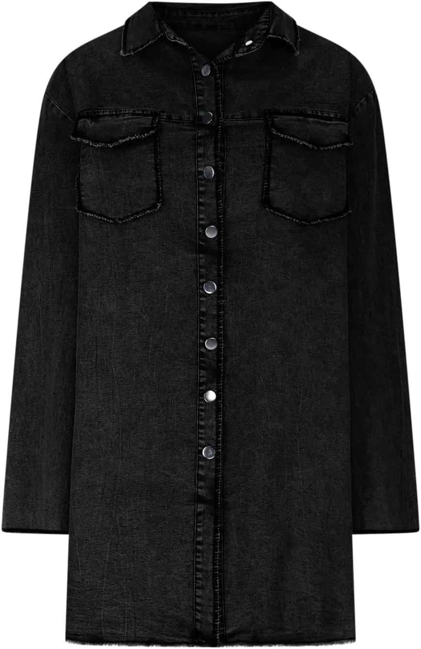 Denim Trench Coat Women Classic Long Jean Jacket Plus Size Long Sleeve Button Down Open Front Cardigan Denim Jacket