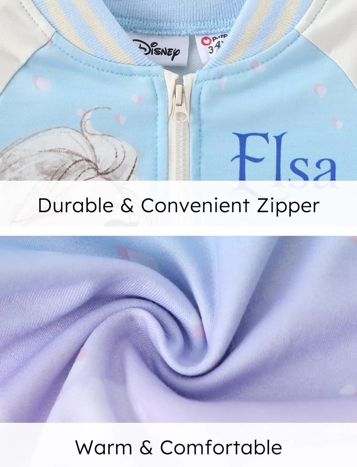 Disney Frozen Elsa Princess Moana Ariel Rapunzel Toddler Girl Varsity Bomber Jacket Lightweight Zip-up Sweatshirt 2-6T