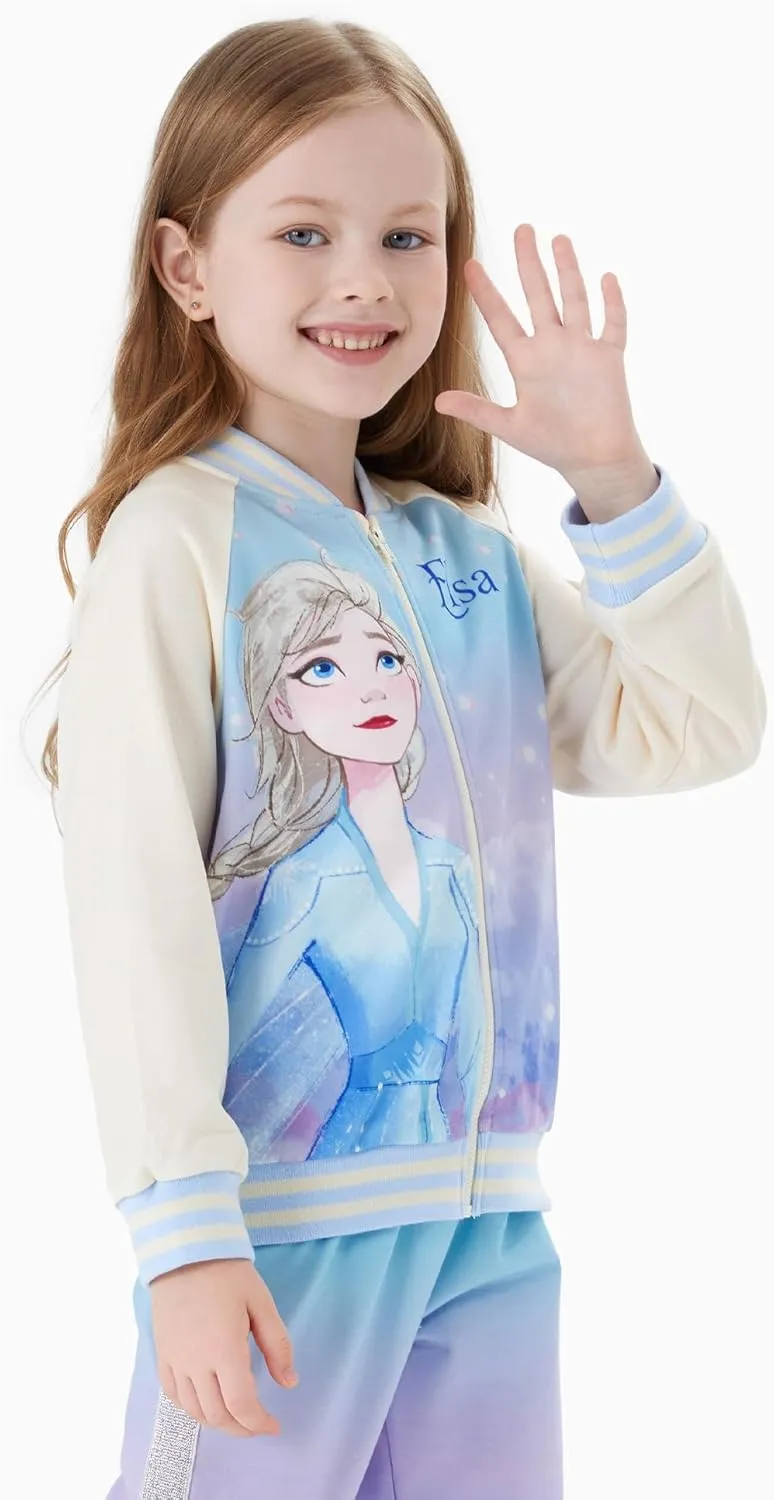 Disney Frozen Elsa Princess Moana Ariel Rapunzel Toddler Girl Varsity Bomber Jacket Lightweight Zip-up Sweatshirt 2-6T