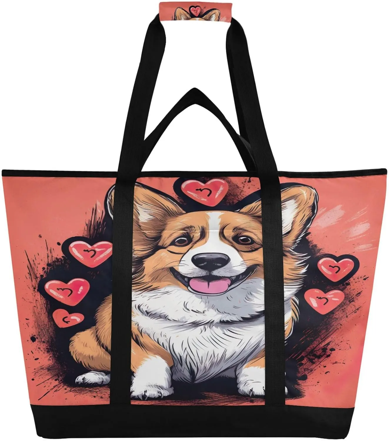 Dog Valentine Tote Bag for Women with Zipper Reusable Grocery Bags Foldable Insulated Cooler Bag Totes Handbags Shopping Bags for Groceries Picnic Beach Travel Work