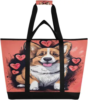 Dog Valentine Tote Bag for Women with Zipper Reusable Grocery Bags Foldable Insulated Cooler Bag Totes Handbags Shopping Bags for Groceries Picnic Beach Travel Work