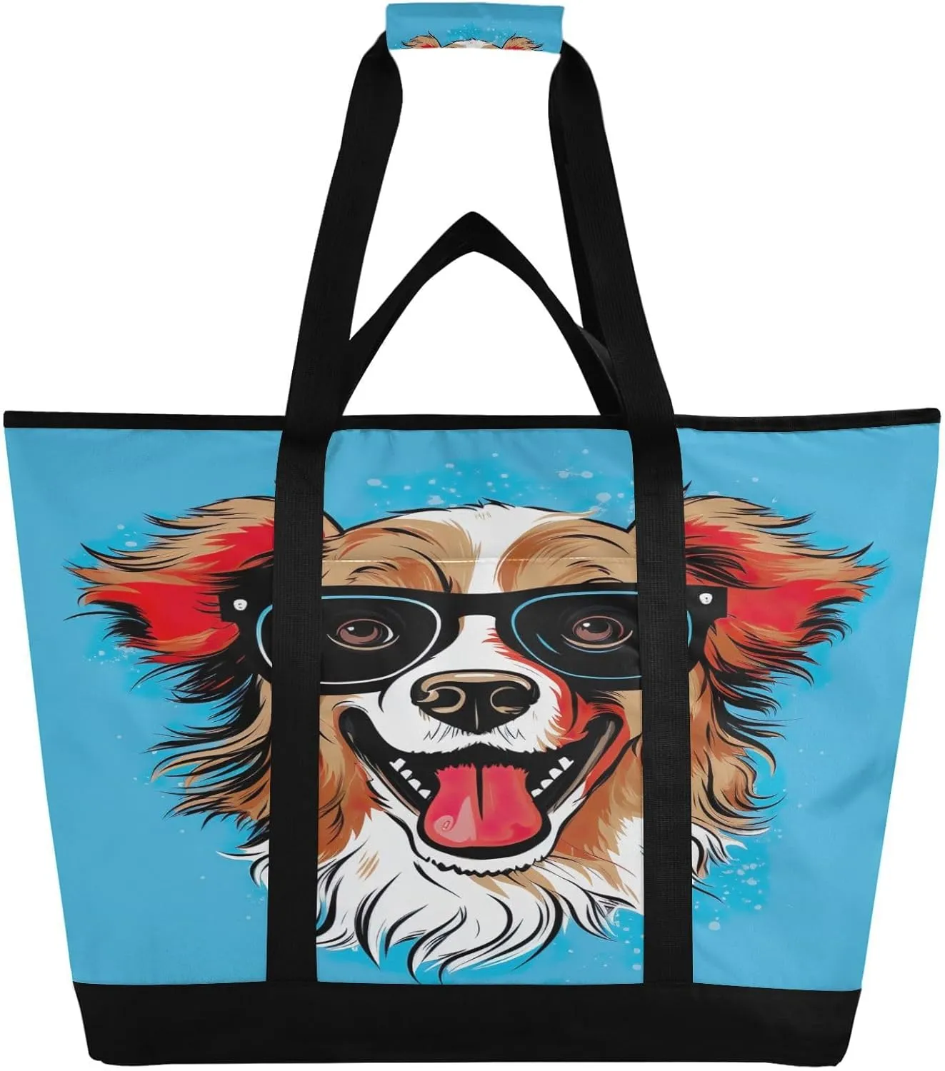 Dogs Blue Tote Bag for Women with Zipper Reusable Grocery Bags Foldable Insulated Cooler Bag Totes Handbags Shopping Bags for Groceries Beach Travel Picnic Work