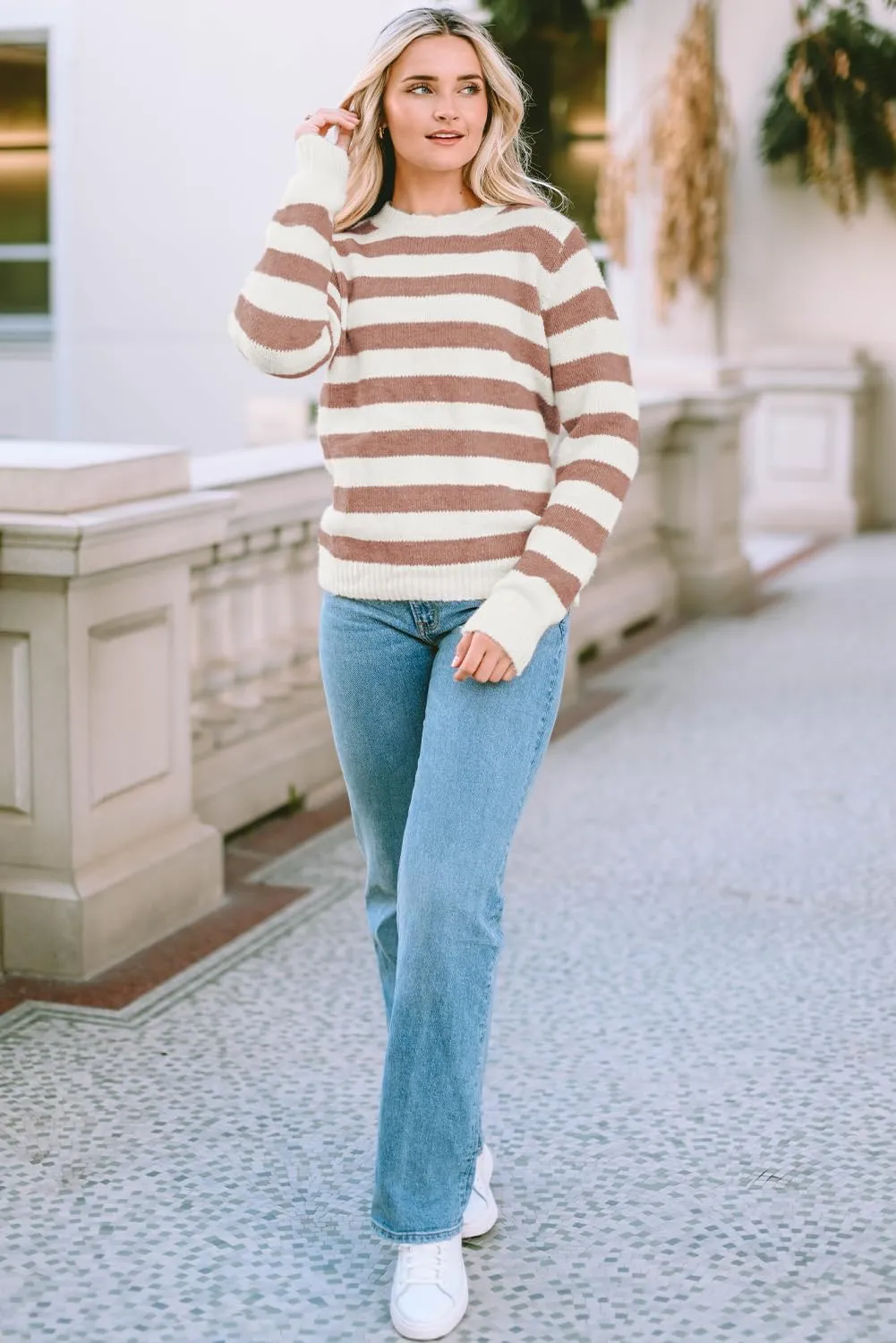 Dokotoo Sweaters for Women 2025 Crewneck Striped Cute Color Block Fall Winter Knitted Pullover Tops