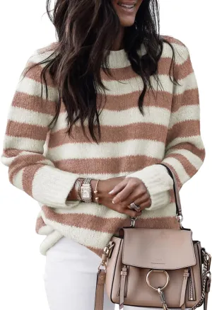 Dokotoo Sweaters for Women 2025 Crewneck Striped Cute Color Block Fall Winter Knitted Pullover Tops