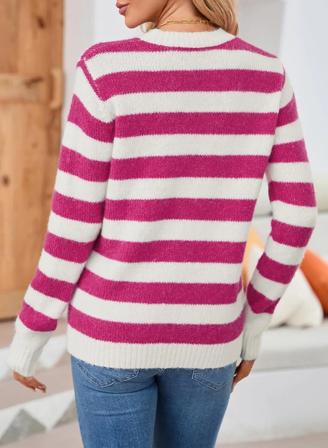 Dokotoo Sweaters for Women 2025 Crewneck Striped Cute Color Block Fall Winter Knitted Pullover Tops