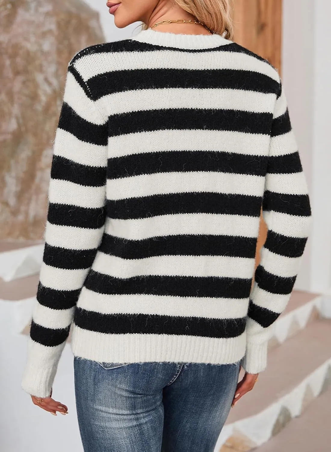 Dokotoo Sweaters for Women 2025 Crewneck Striped Cute Color Block Fall Winter Knitted Pullover Tops