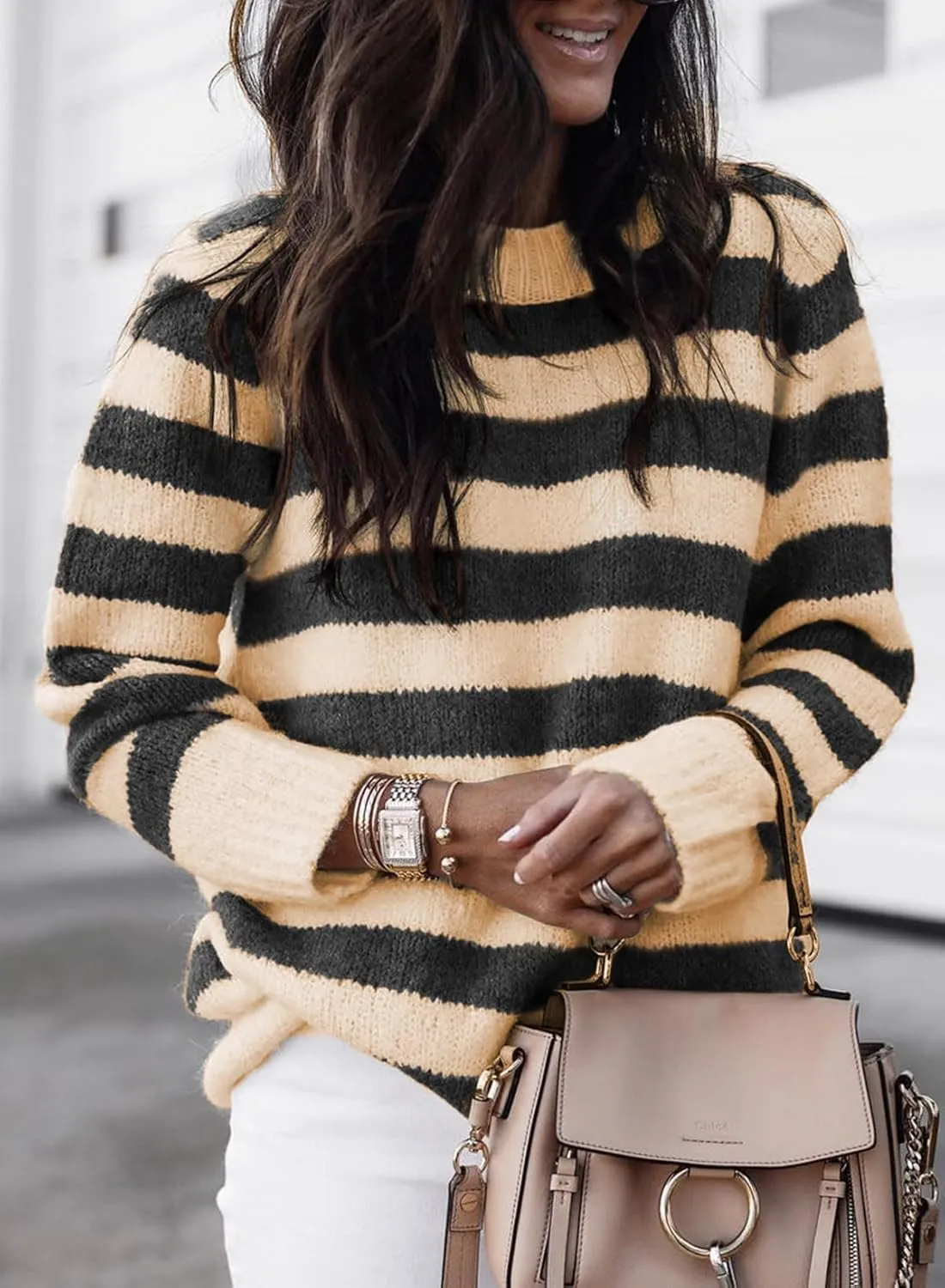 Dokotoo Sweaters for Women 2025 Crewneck Striped Cute Color Block Fall Winter Knitted Pullover Tops