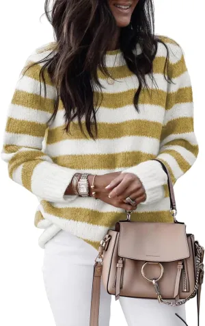 Dokotoo Sweaters for Women 2025 Crewneck Striped Cute Color Block Fall Winter Knitted Pullover Tops