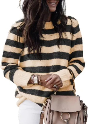 Dokotoo Sweaters for Women 2025 Crewneck Striped Cute Color Block Fall Winter Knitted Pullover Tops
