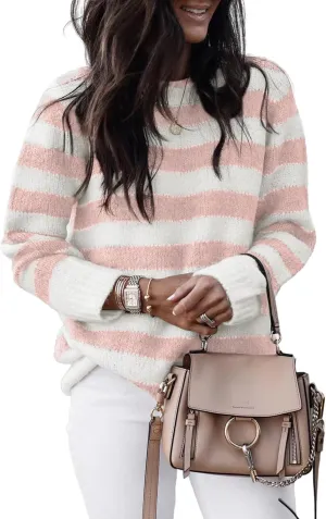 Dokotoo Sweaters for Women 2025 Crewneck Striped Cute Color Block Fall Winter Knitted Pullover Tops