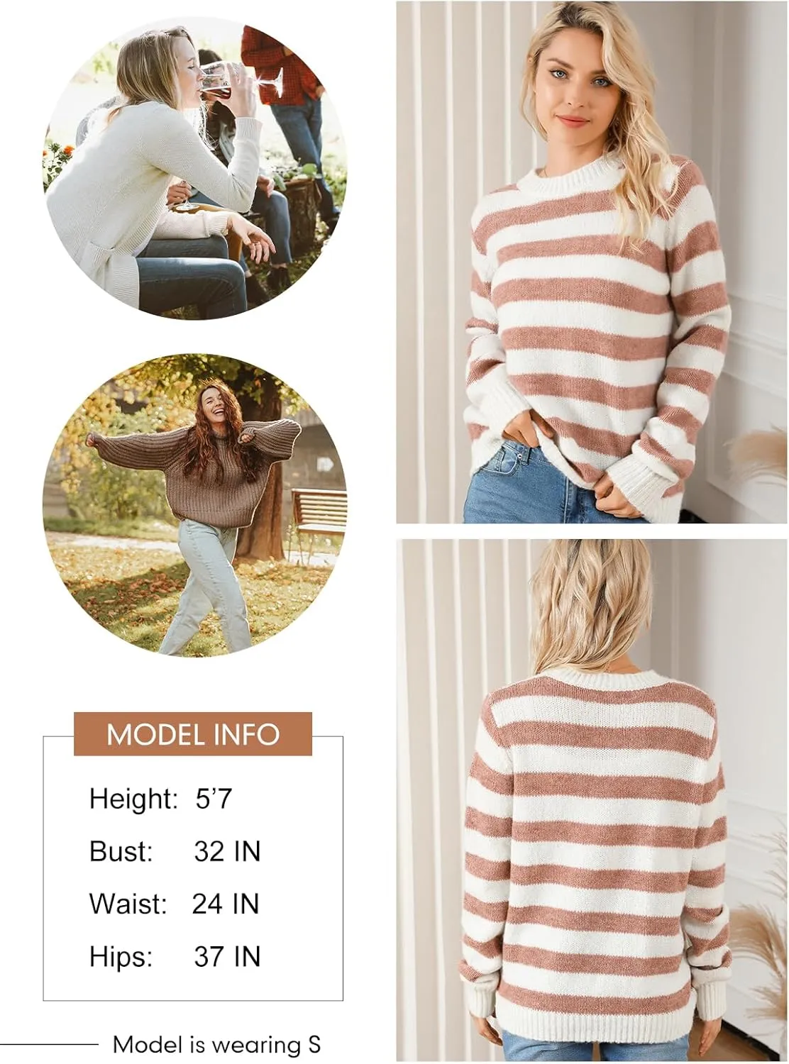 Dokotoo Sweaters for Women 2025 Crewneck Striped Cute Color Block Fall Winter Knitted Pullover Tops