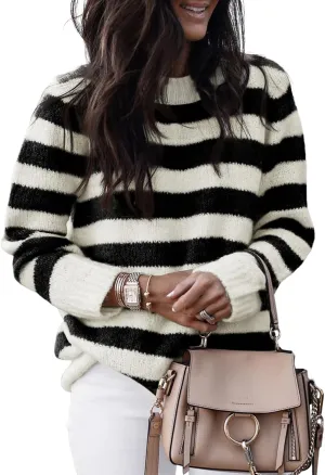 Dokotoo Sweaters for Women 2025 Crewneck Striped Cute Color Block Fall Winter Knitted Pullover Tops
