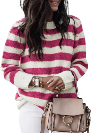 Dokotoo Sweaters for Women 2025 Crewneck Striped Cute Color Block Fall Winter Knitted Pullover Tops