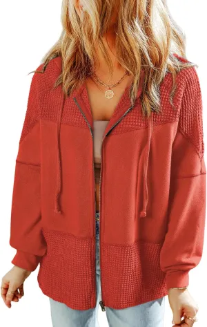 Dokotoo Waffle Knit Hoodies for Womens Zip Up Fall Outfits 2024 Drawstring Casual Oversized Jackets