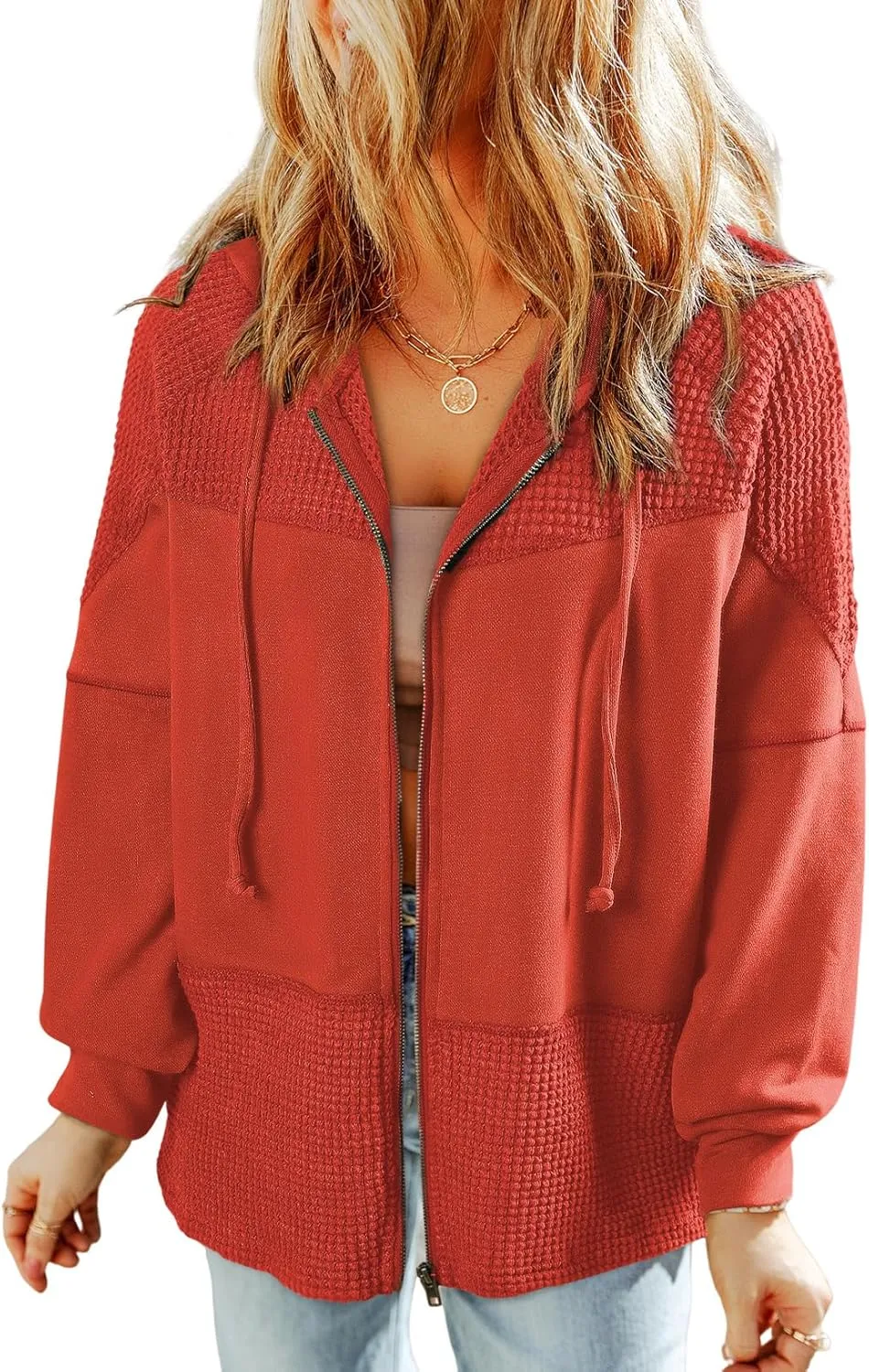 Dokotoo Waffle Knit Hoodies for Womens Zip Up Fall Outfits 2024 Drawstring Casual Oversized Jackets