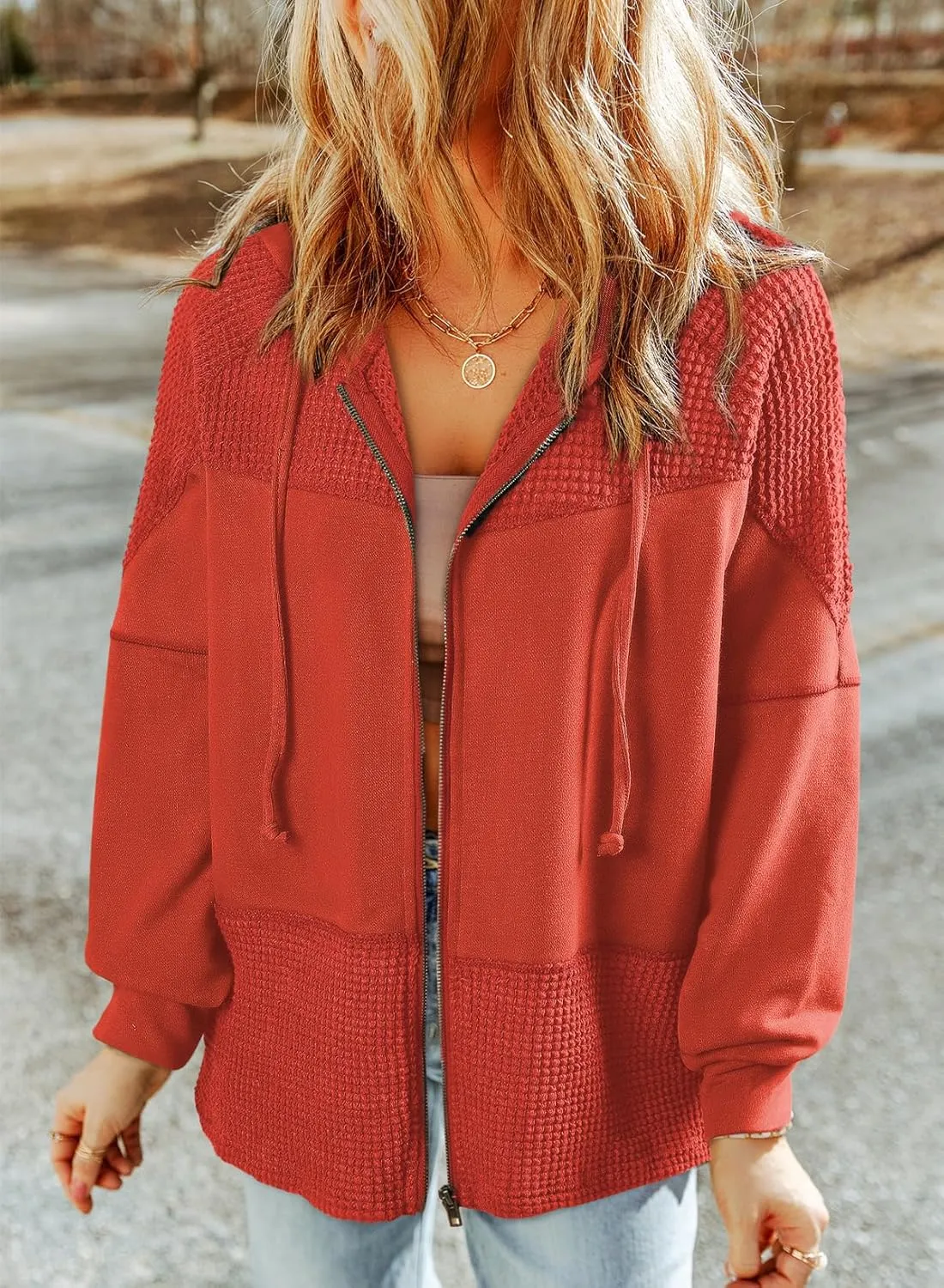 Dokotoo Waffle Knit Hoodies for Womens Zip Up Fall Outfits 2024 Drawstring Casual Oversized Jackets