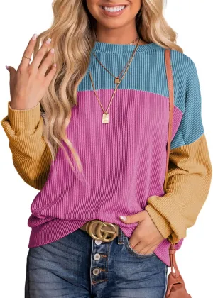 Dokotoo Womens Fashion 2025 Color Block Long Sleeve Crewneck Knitted Casual Loose Pullover Shirts Tops